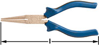 A pair of blue-handled round nose pliers, lying horizontally, with grips at the beginning of the handle near the plier head, and flared wide handle.  A double-headed arrow beneath, indicating measurement length from tip to handle end.